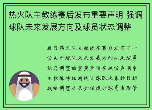 热火队主教练赛后发布重要声明 强调球队未来发展方向及球员状态调整